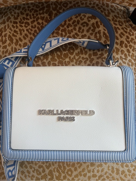 Karl Lagerfeld Handbags - Karl Lagerfeld White and Light Blue Top Handle Shoulder Bag with Stripe Trim